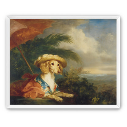 Red parasol over seaside dog