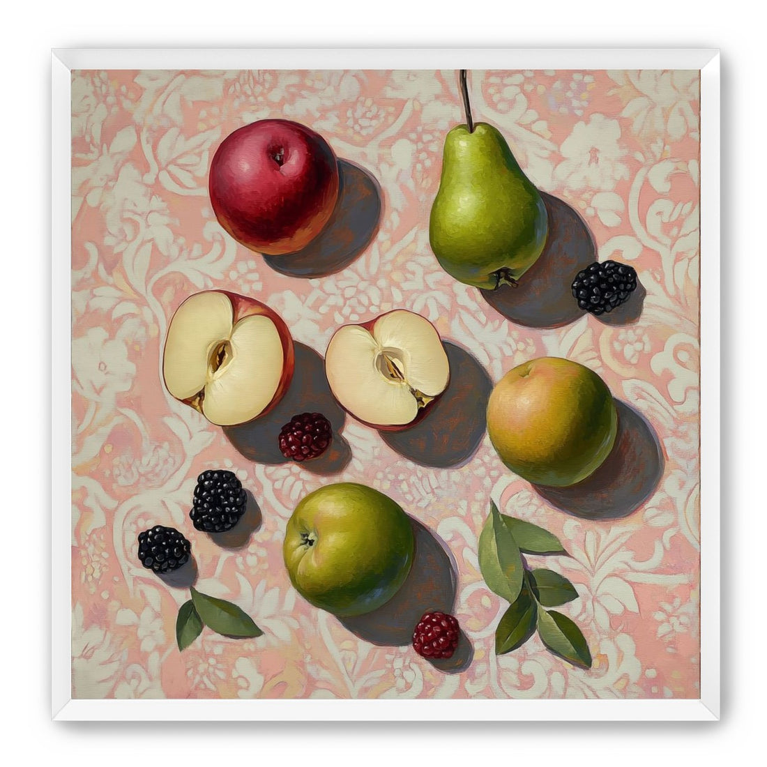 Apples, Pear, and Berries on Floral Fabric