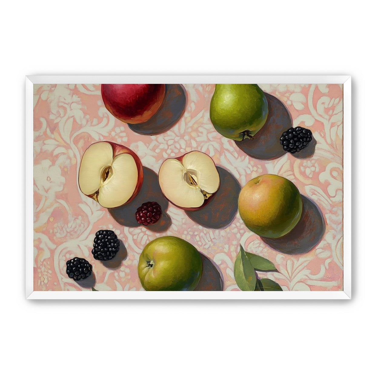 Apples, Pear, and Berries on Floral Fabric