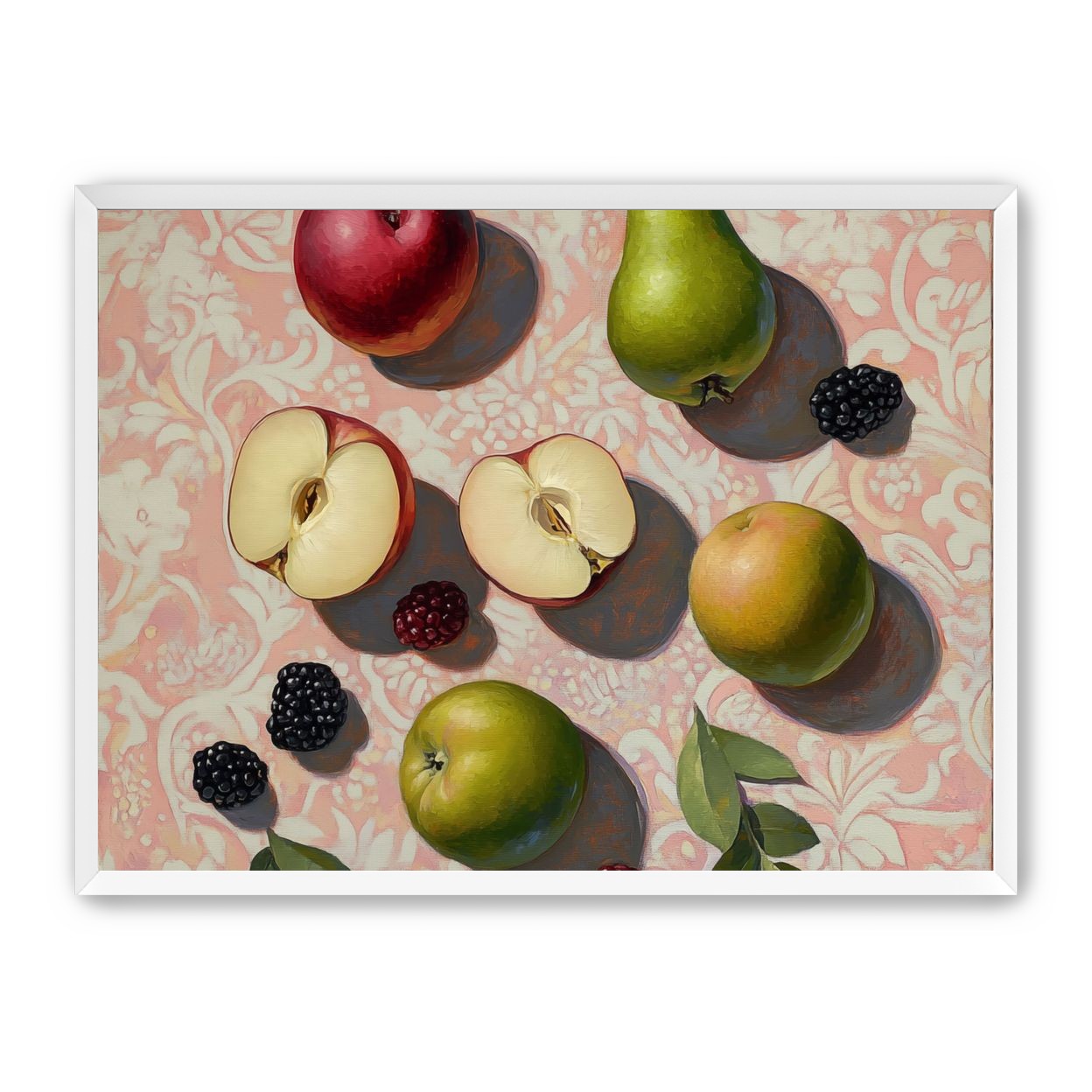 Apples, Pear, and Berries on Floral Fabric