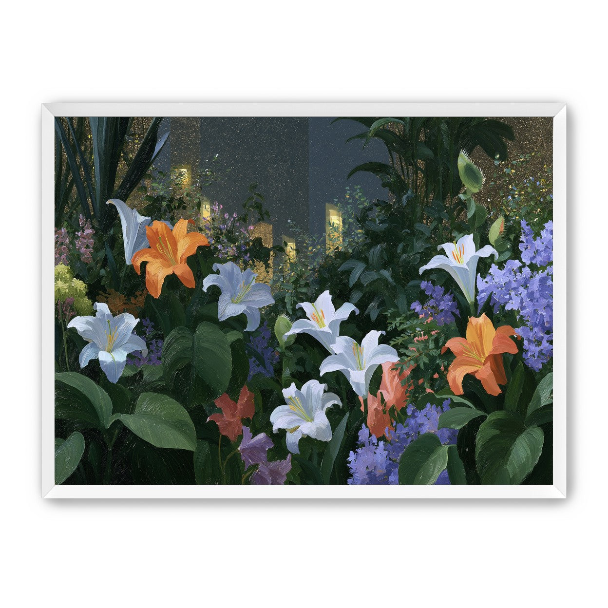 Lit windows beyond the lilies