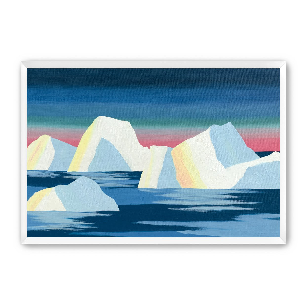 Icebergs under a pink banded sky