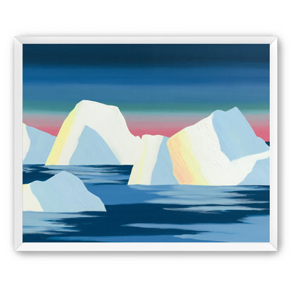 Icebergs under a pink banded sky