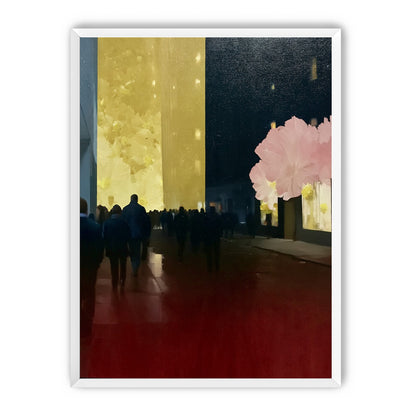 Crowd beneath the glowing wall
