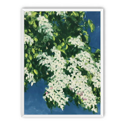 White blossoms on blue field