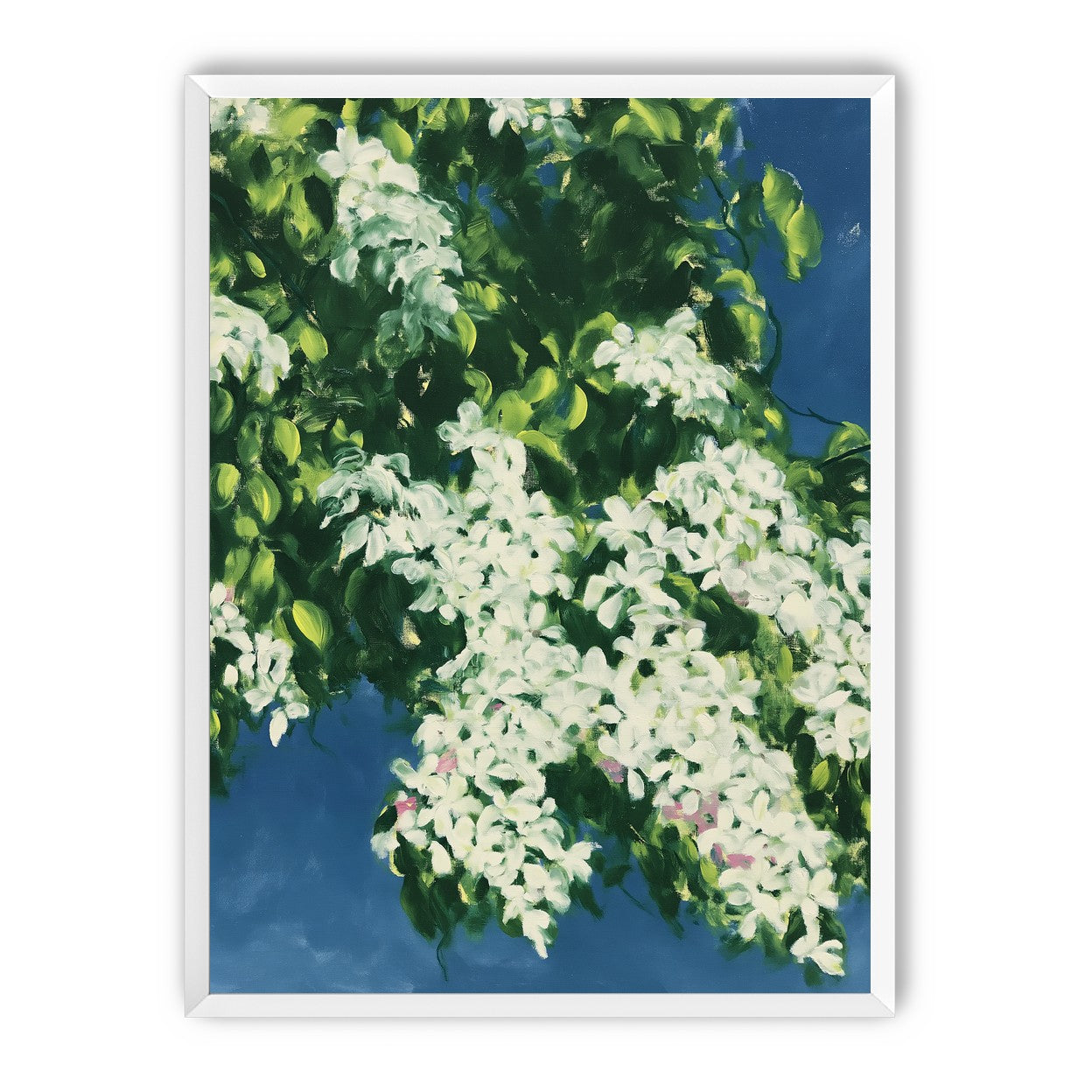 White blossoms on blue field