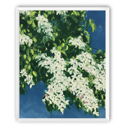 White blossoms on blue field