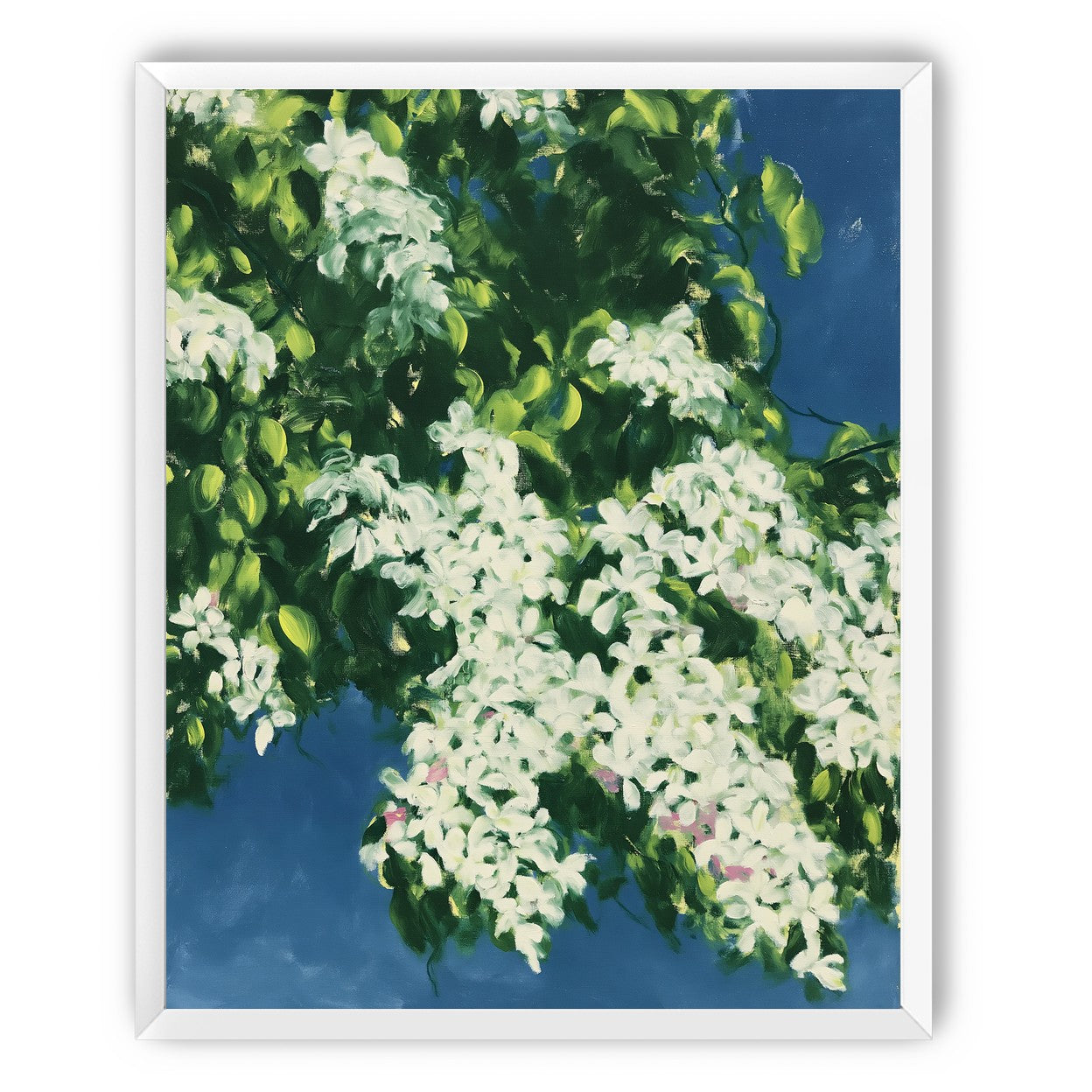 White blossoms on blue field