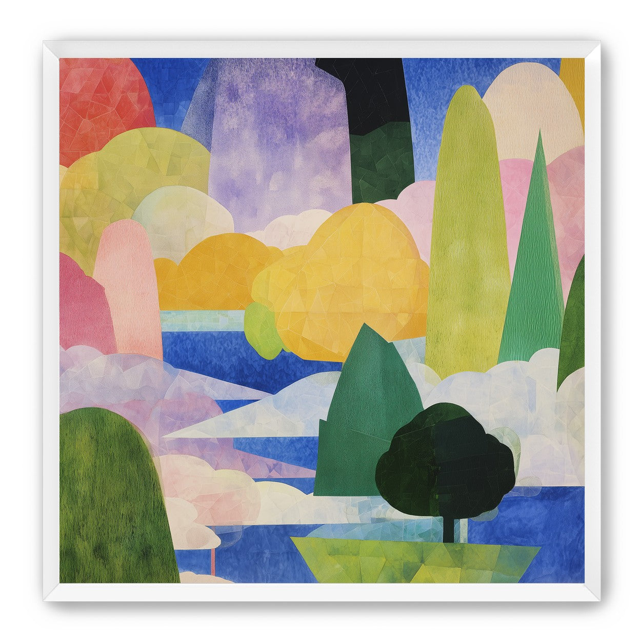 Tall trees over blue water