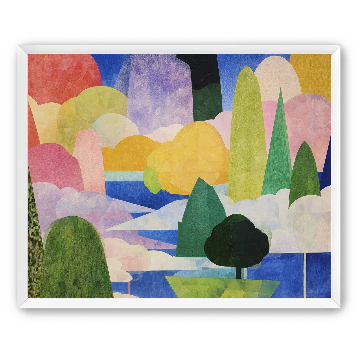 Tall trees over blue water