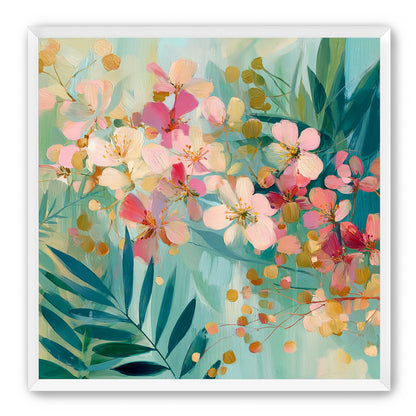 Blossoms over teal leaves