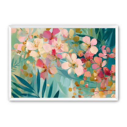 Blossoms over teal leaves