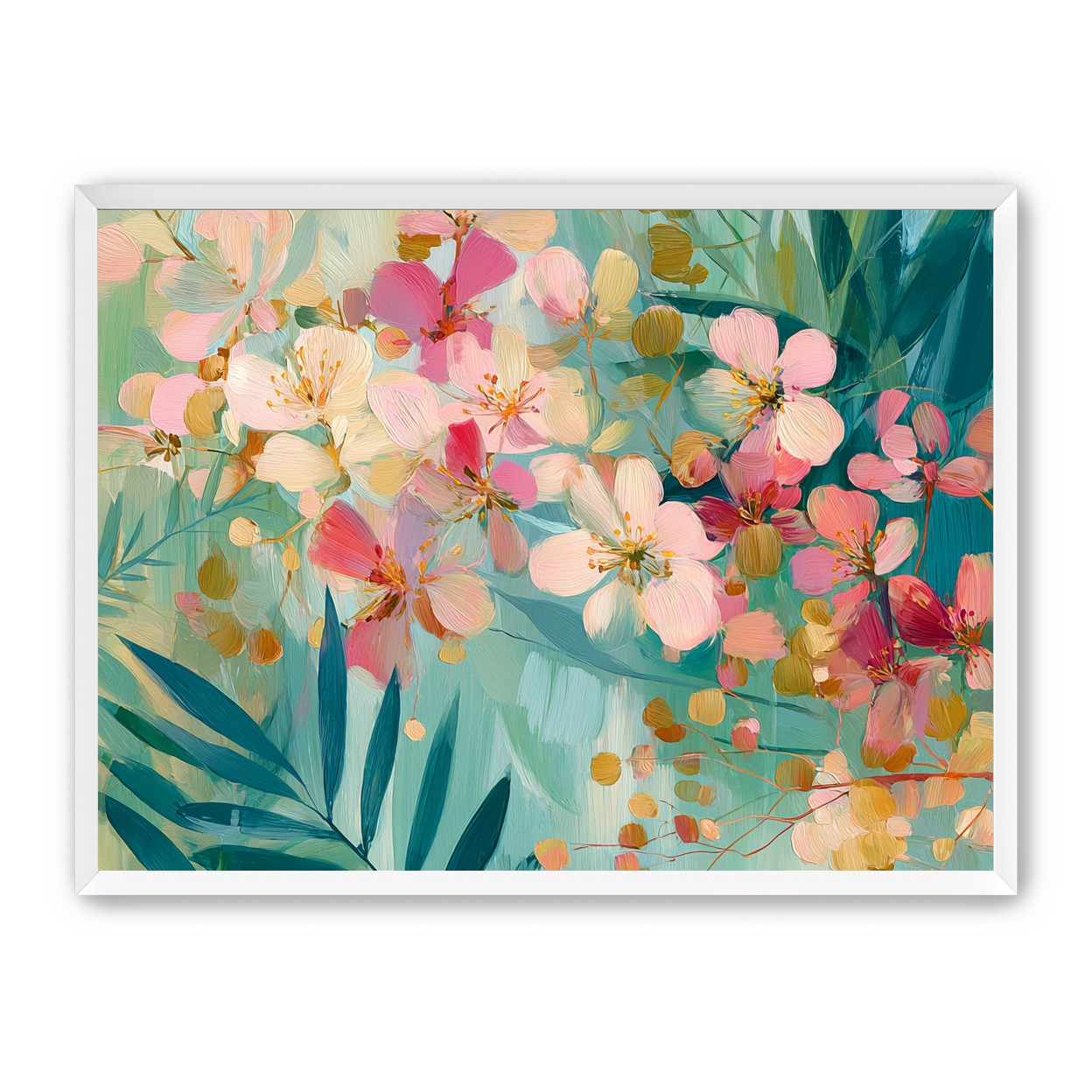 Blossoms over teal leaves