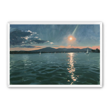 Peach sun on blue water