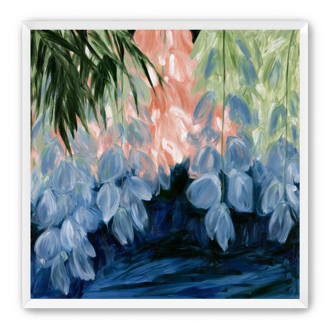 Blue flowers under green leaves