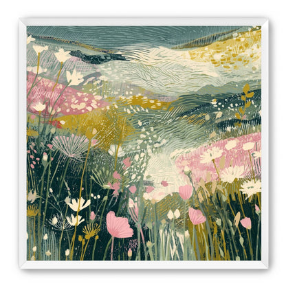 Teal sky over pink meadow