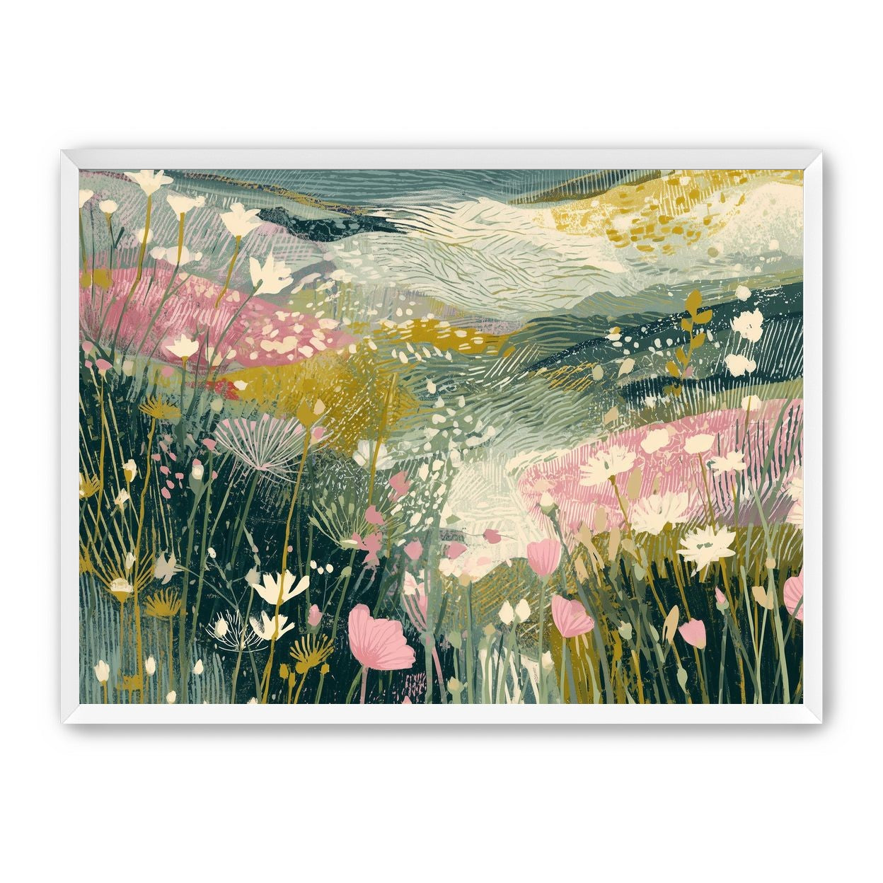 Teal sky over pink meadow