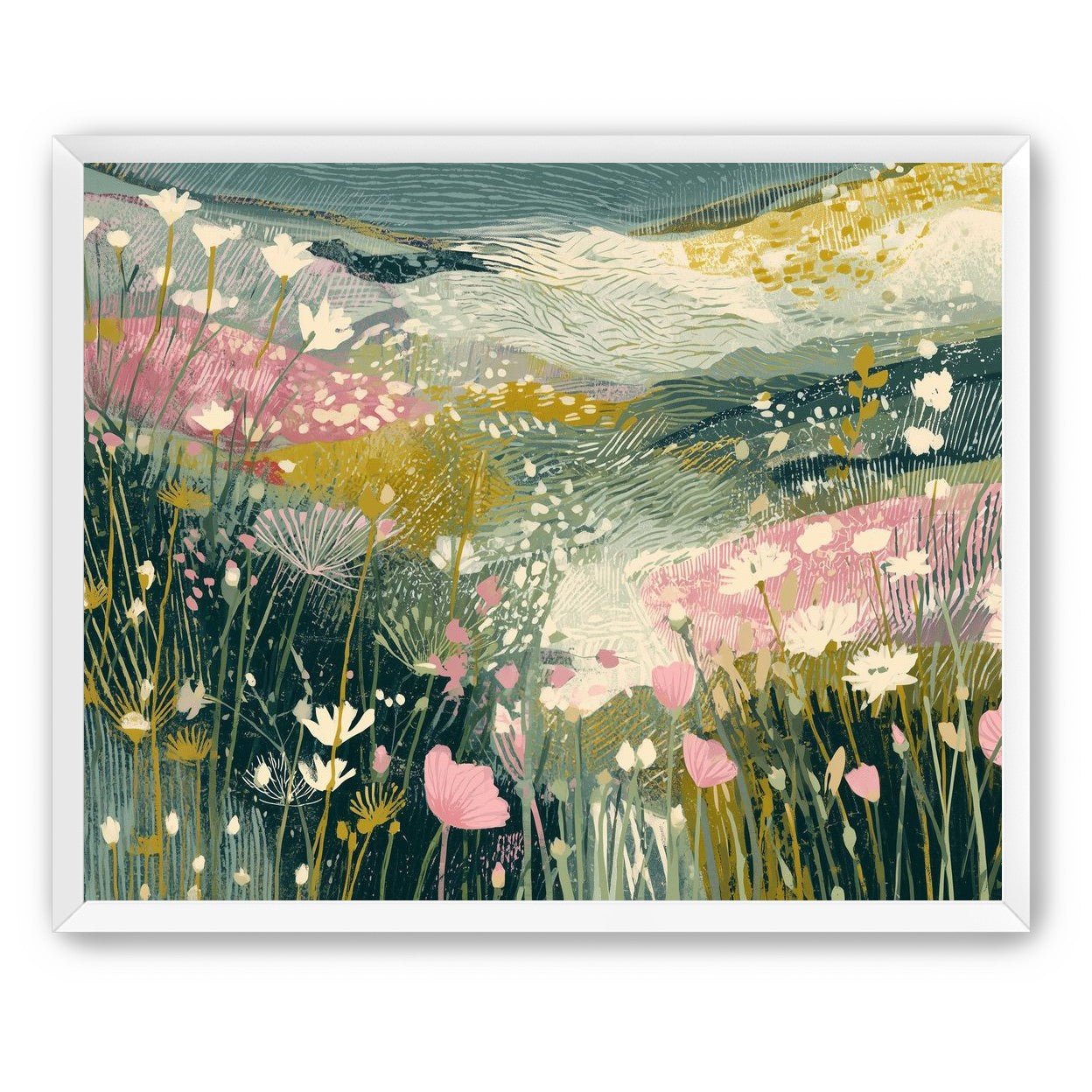 Teal sky over pink meadow