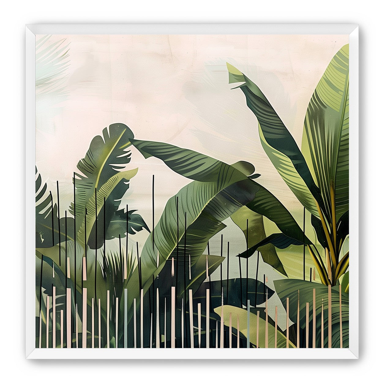 Tropical leaves behind black bars
