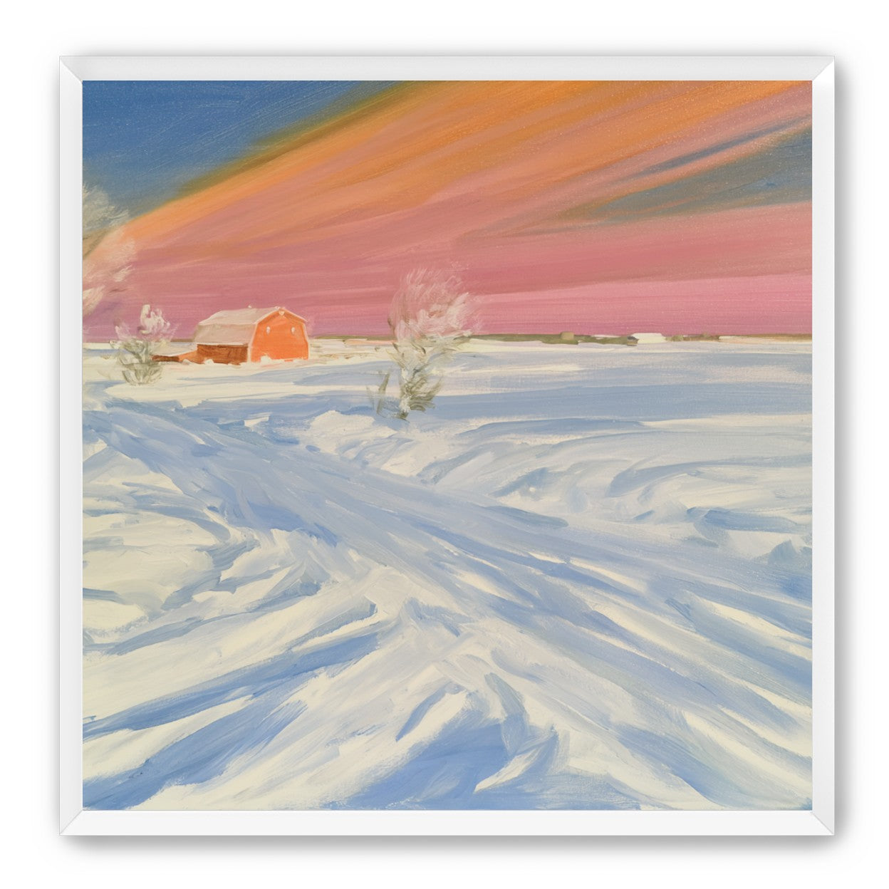 Pink sky over the red barn