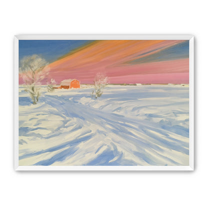 Pink sky over the red barn