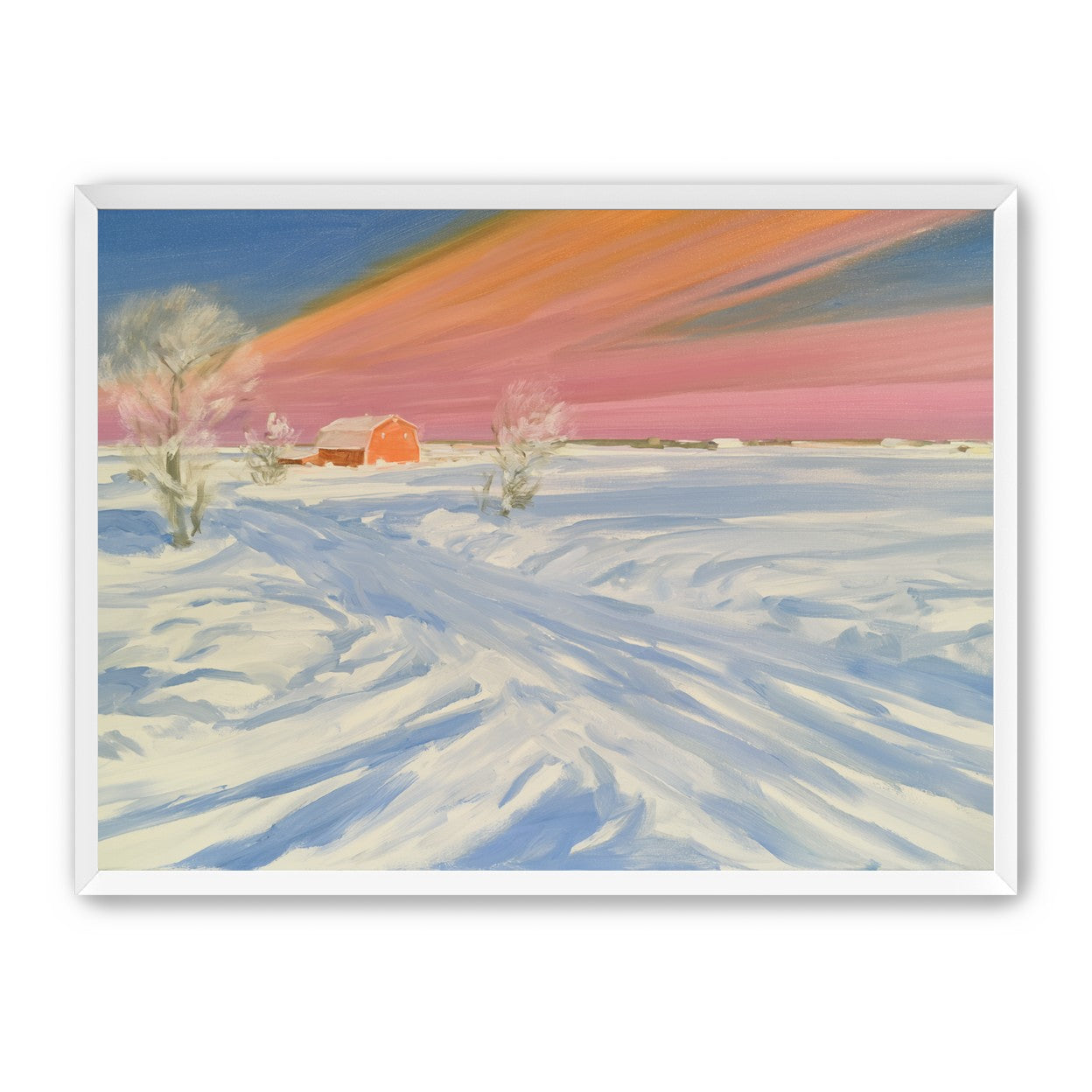 Pink sky over the red barn