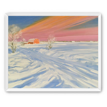 Pink sky over the red barn