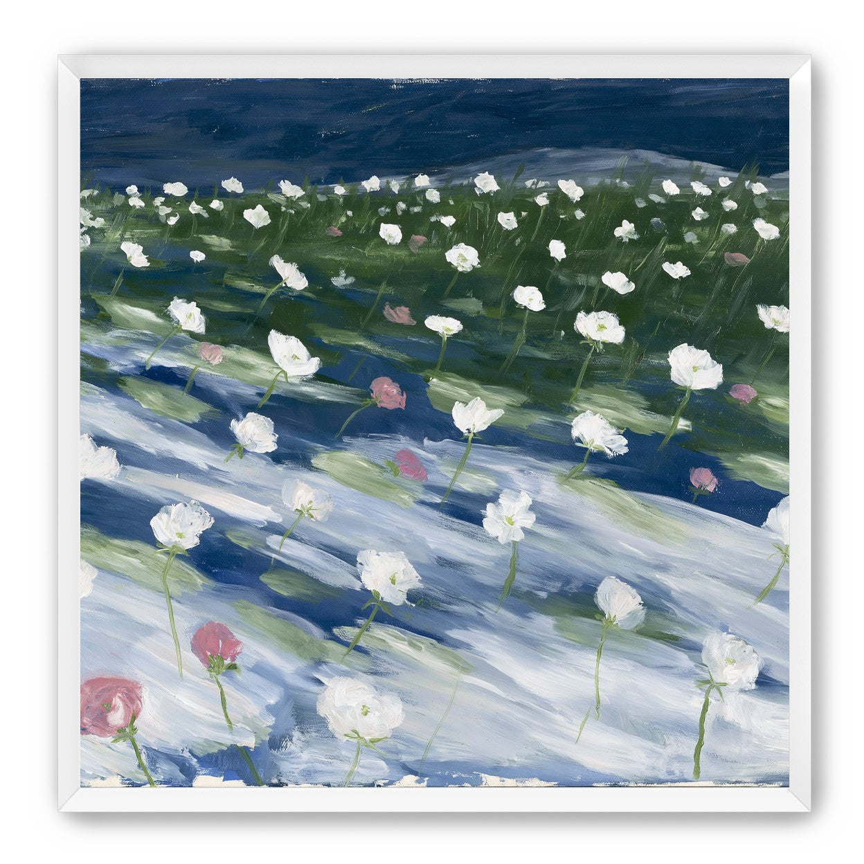 White flowers in wind streaks