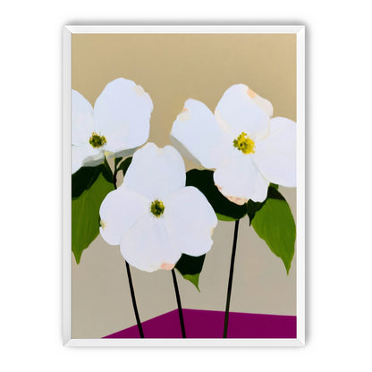 Three white flowers above purple
