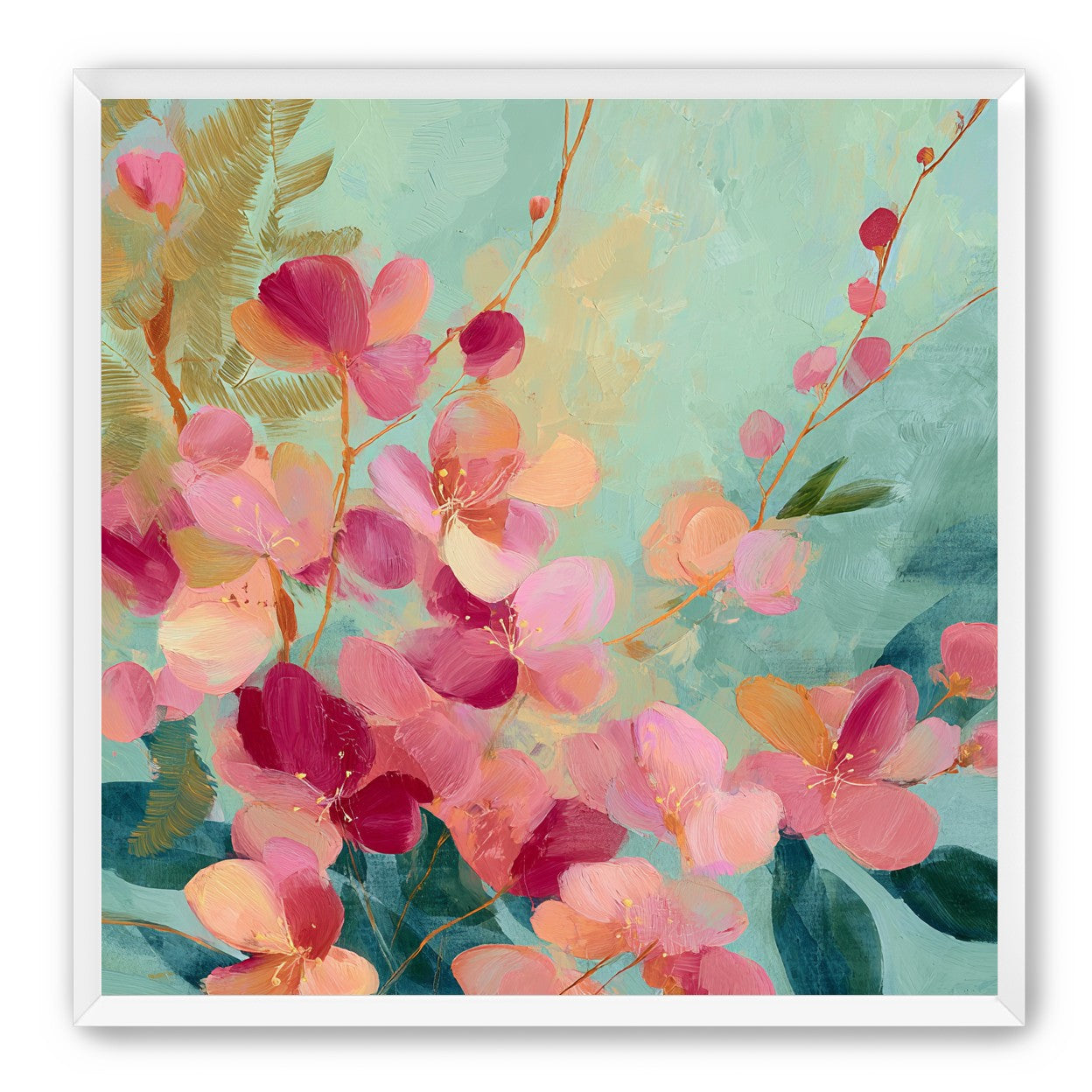 Pink blossoms drifting through teal