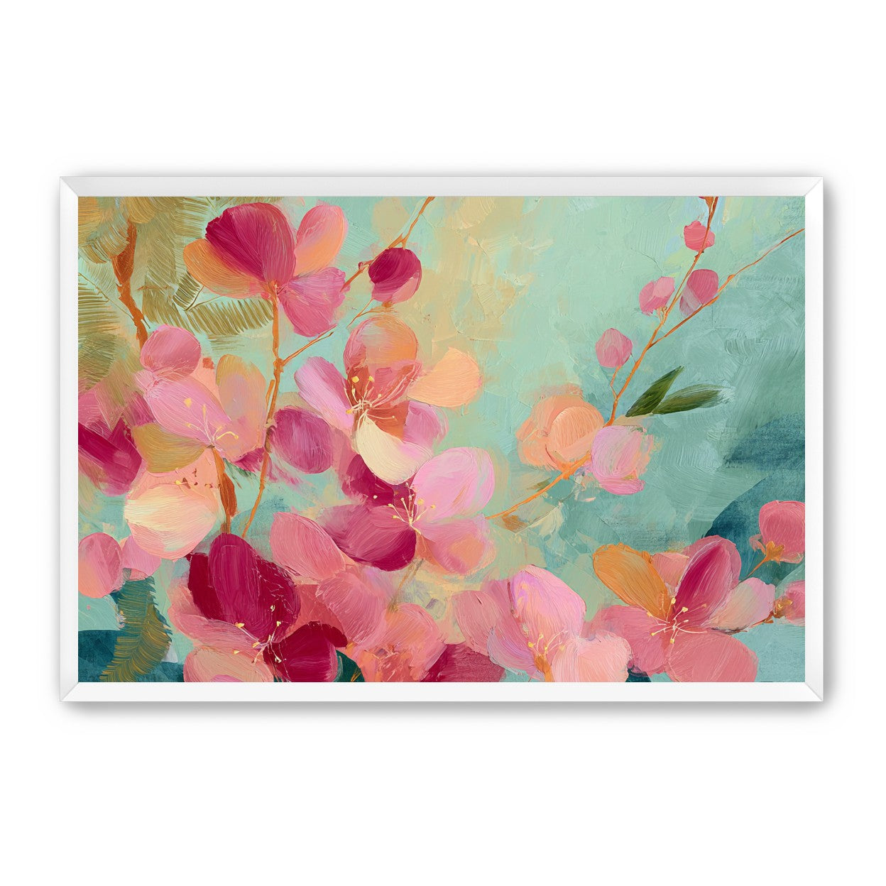 Pink blossoms drifting through teal