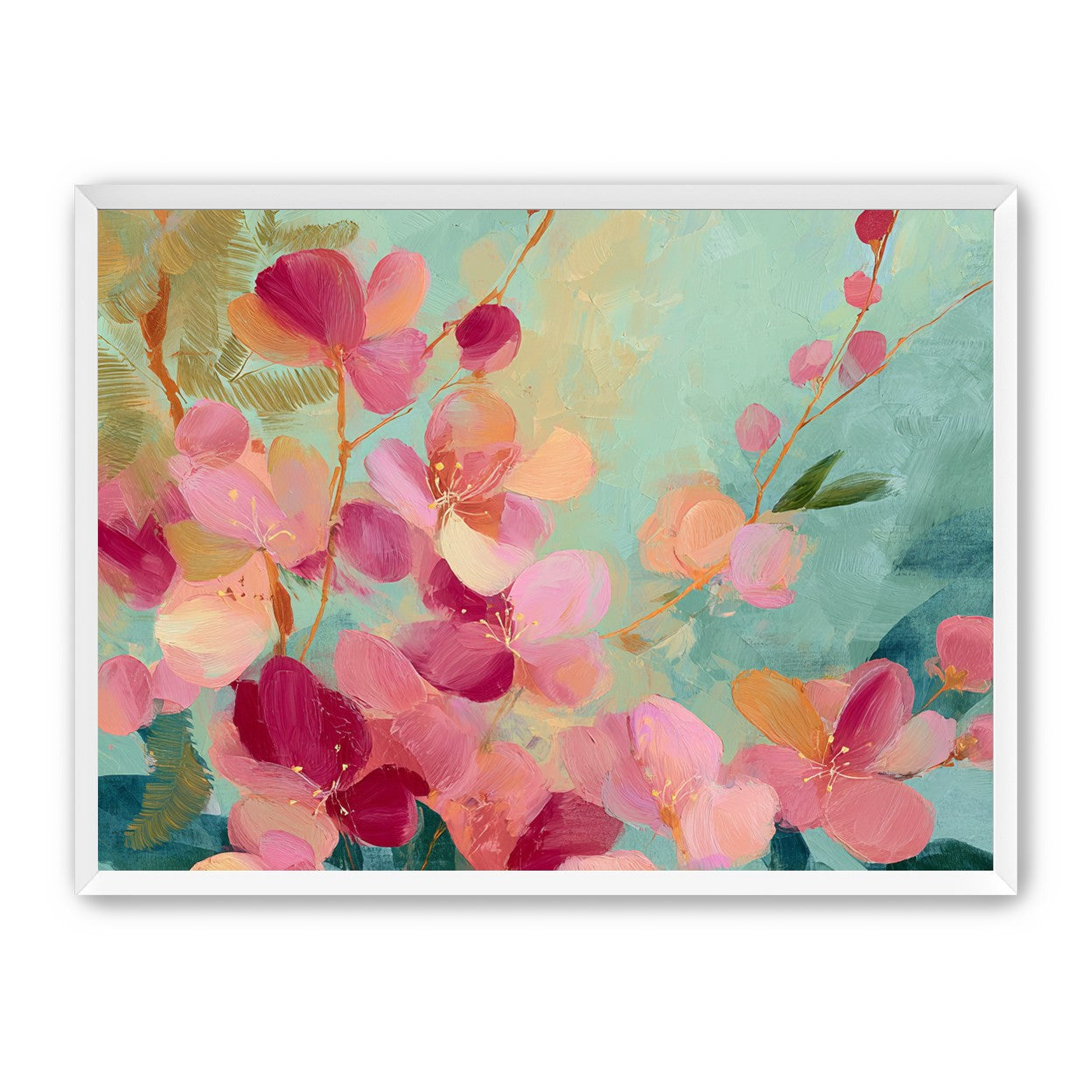 Pink blossoms drifting through teal
