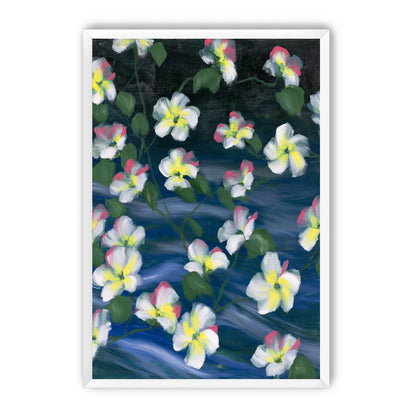 White flowers across deep blue
