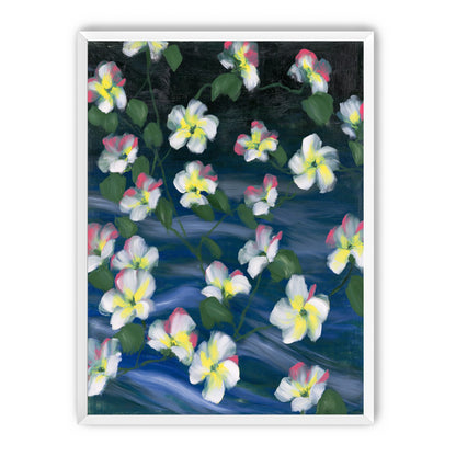 White flowers across deep blue
