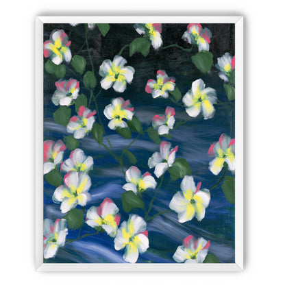 White flowers across deep blue