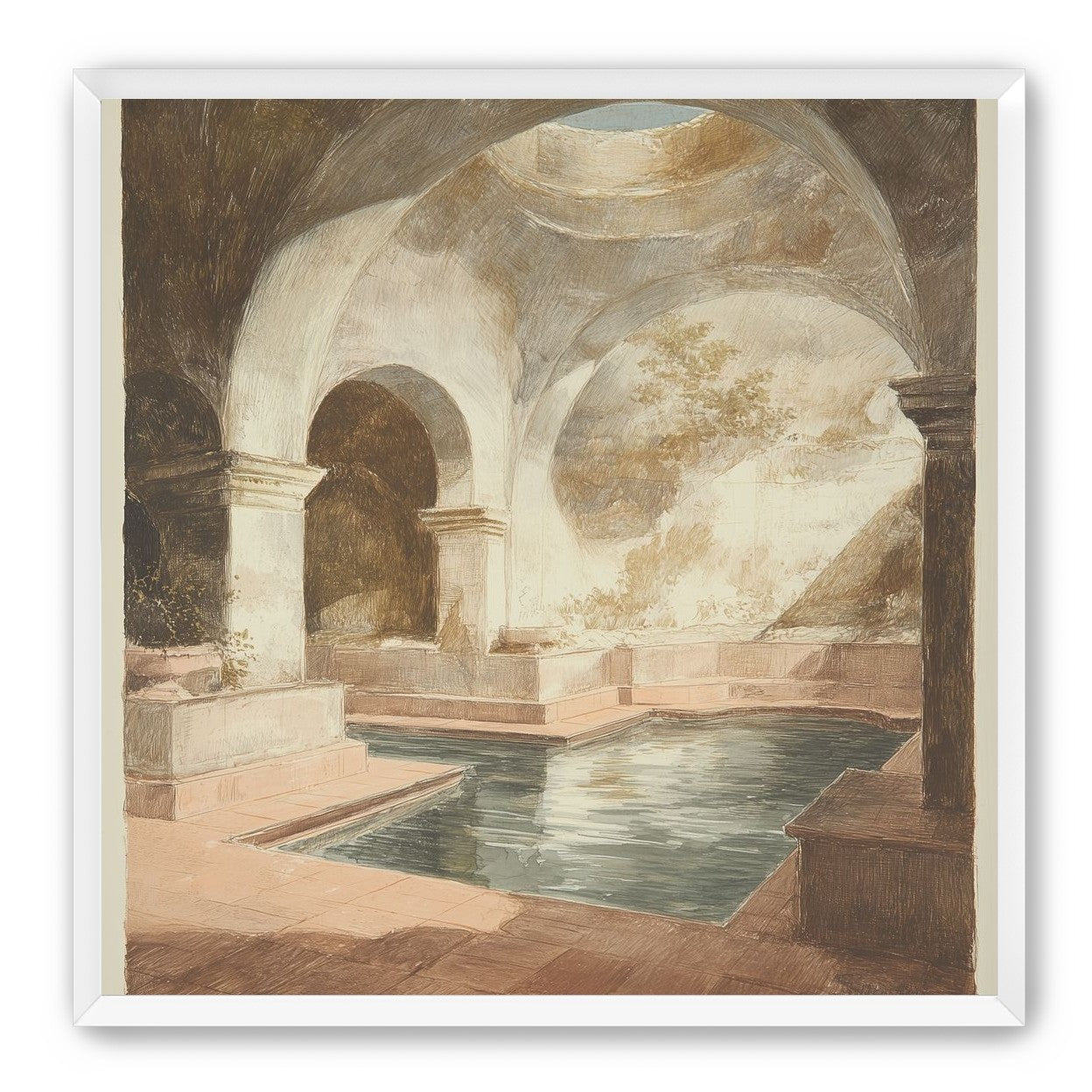Courtyard pool beneath pale arches