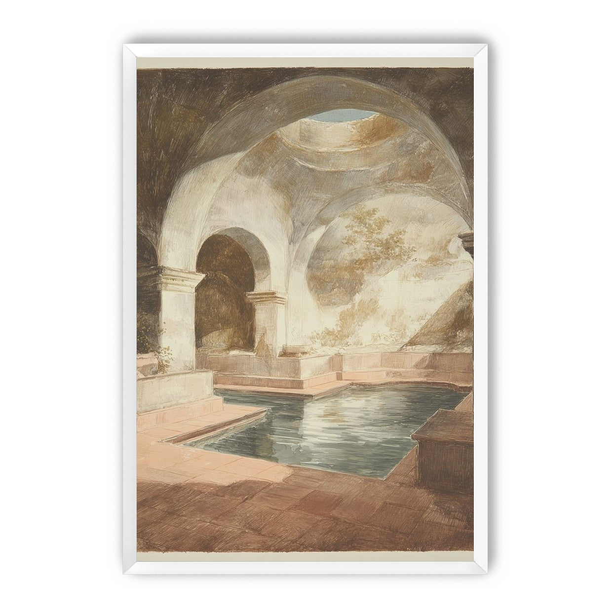 Courtyard pool beneath pale arches
