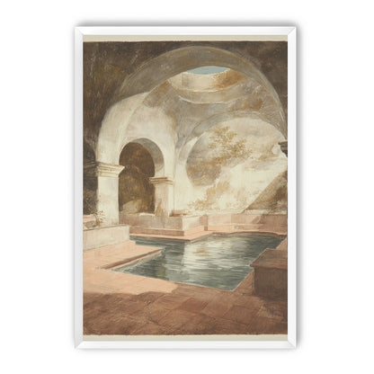 Courtyard pool beneath pale arches