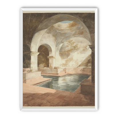 Courtyard pool beneath pale arches