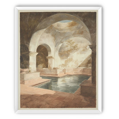 Courtyard pool beneath pale arches