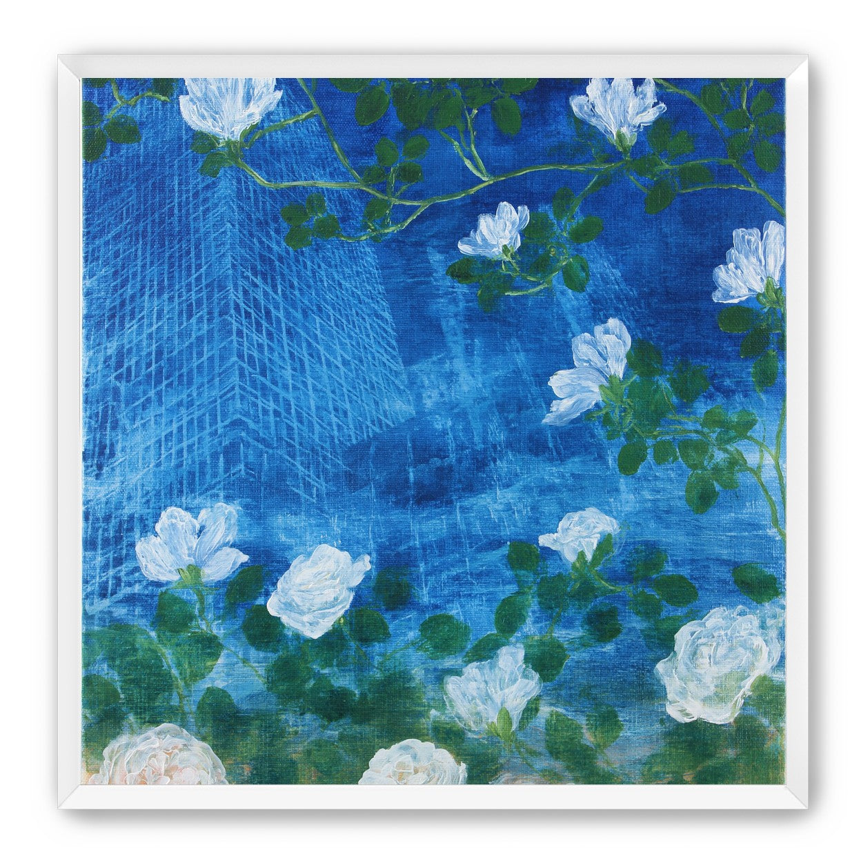 White blossoms on cobalt blue