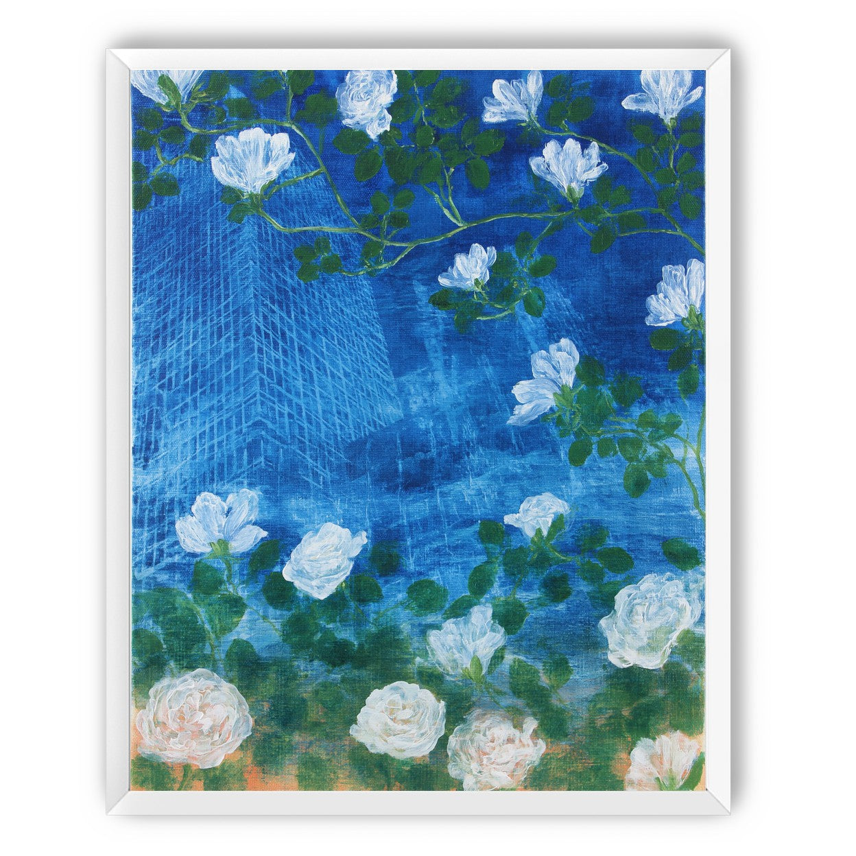 White blossoms on cobalt blue