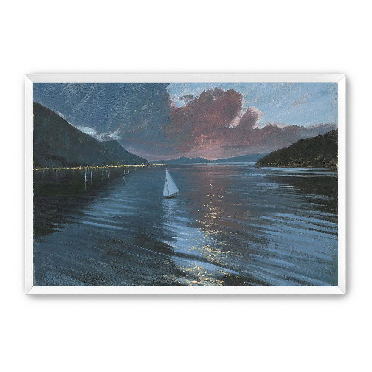 A sailboat beneath storm clouds