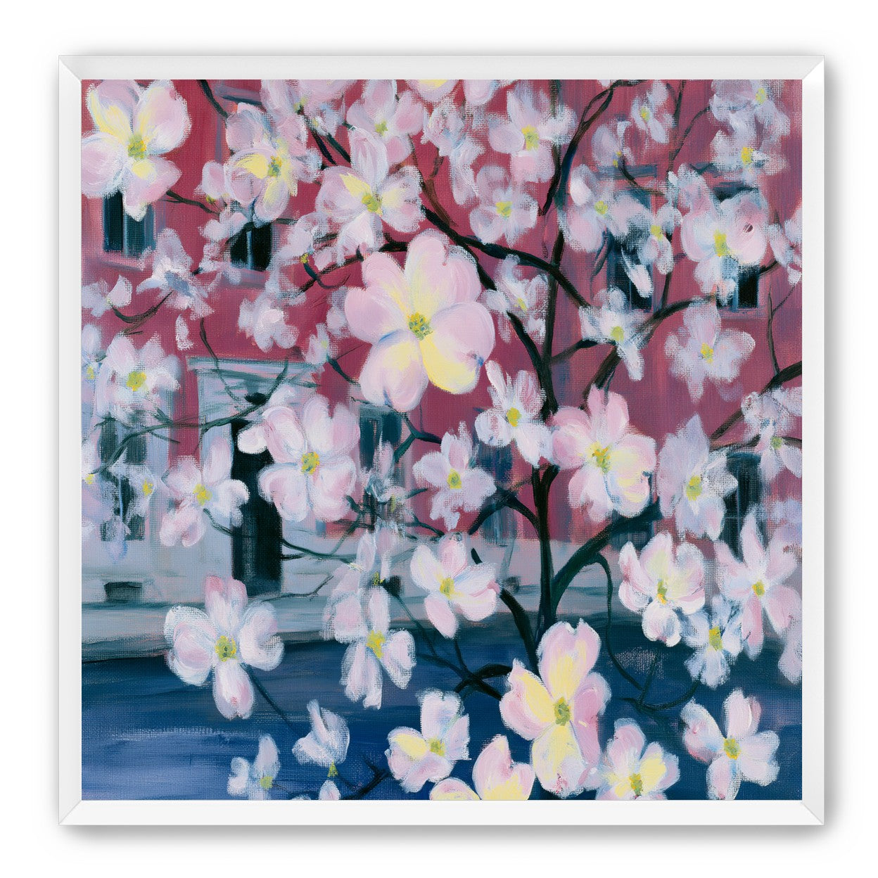 Blossoms across red windows