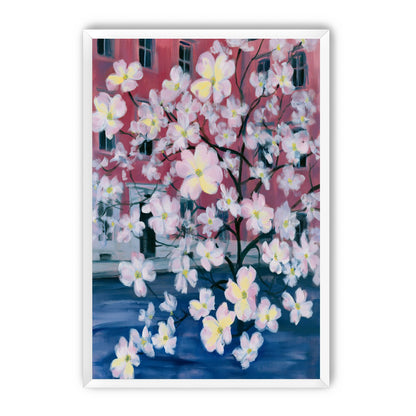 Blossoms across red windows