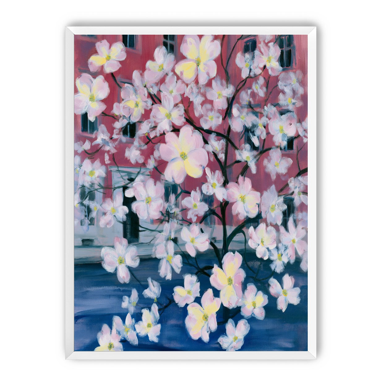 Blossoms across red windows