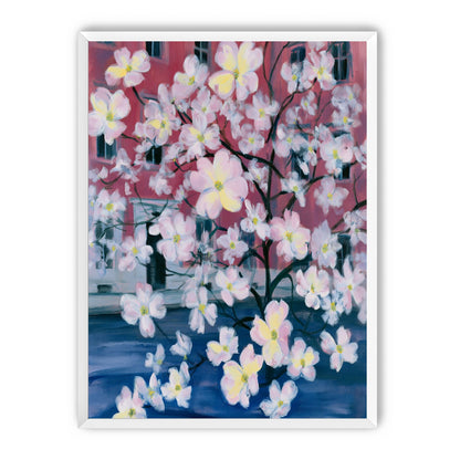 Blossoms across red windows