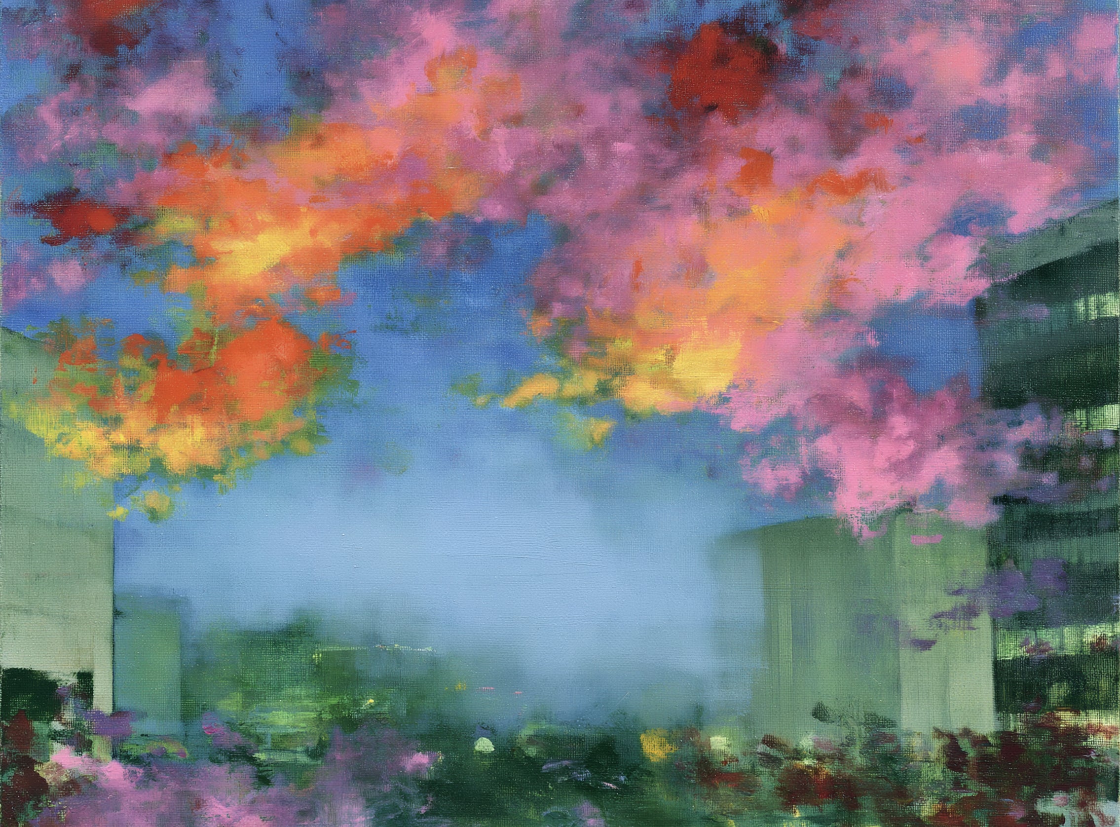 Neon clouds over rooftops