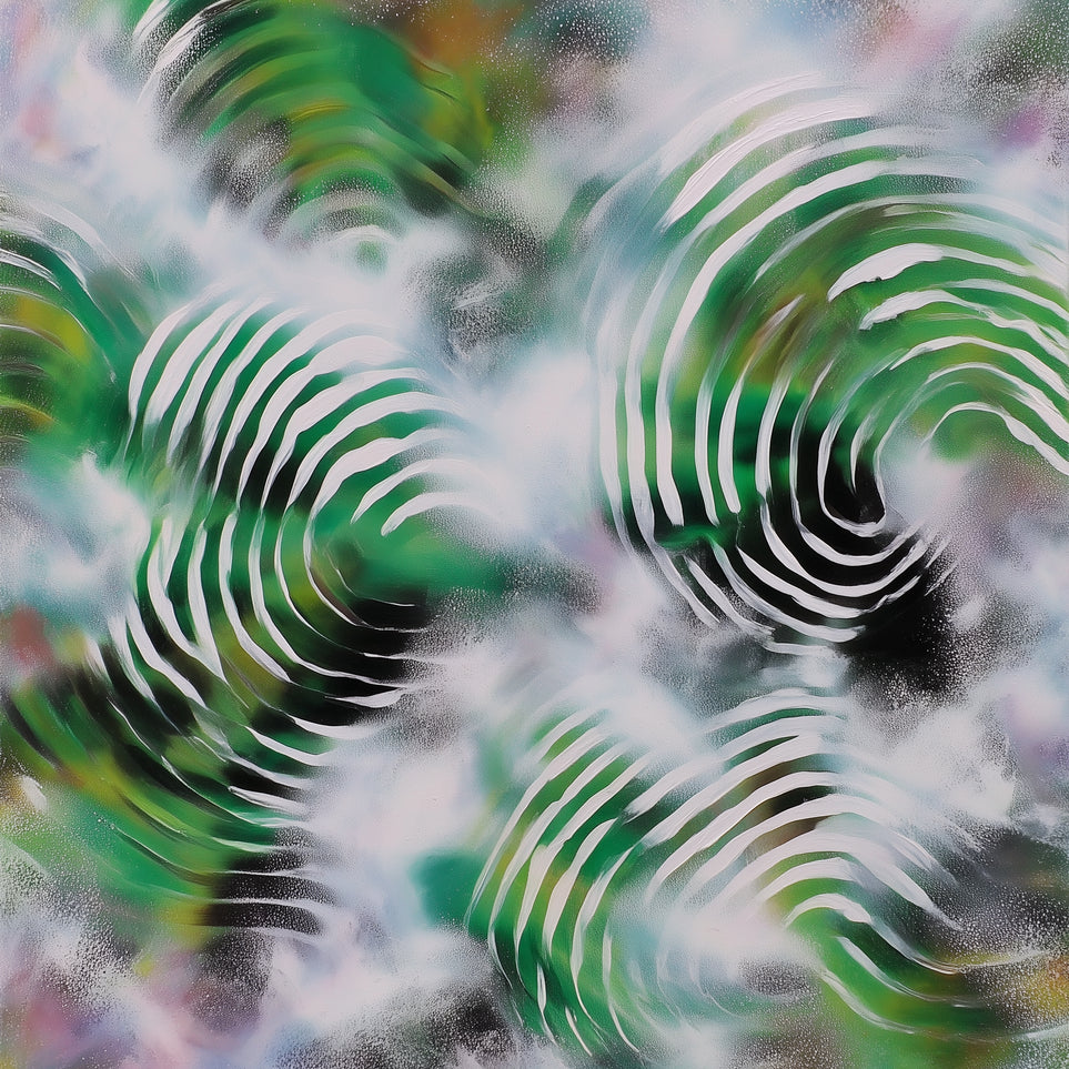 White haze over green spirals