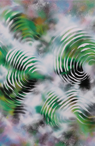 White haze over green spirals